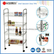 NSF 4 Tiers Adjustable Chrome Metal Wire Kitchen Trolley with Basket (CJ-B1189)